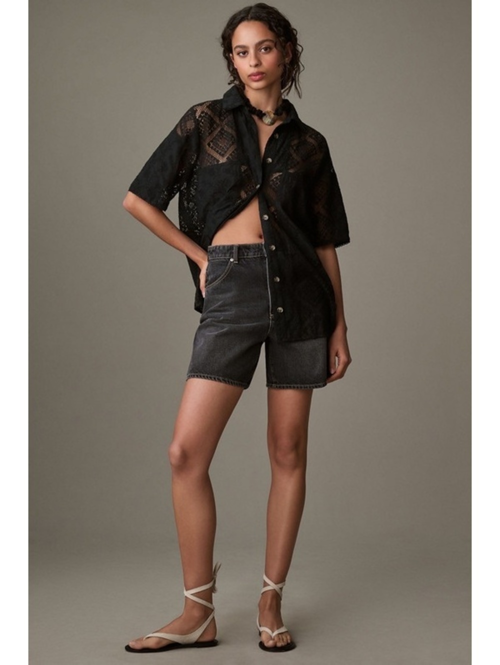 FARM RIO Anthropologie Mix Lace black Button Front Surf Shirt